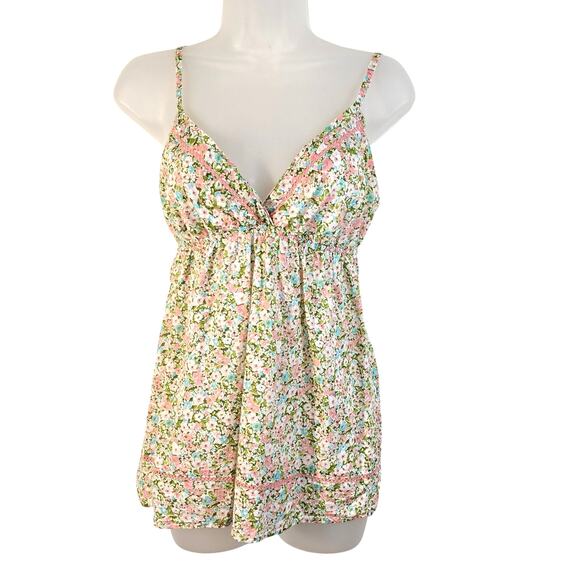 Forever 21 Y2K Babydoll Top Juniors M Dainty Pastel Floral Print Crochet Accent - Picture 1 of 11